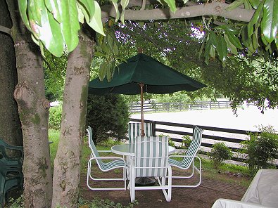 Overlooking the ring is a comfortable shaded patio.