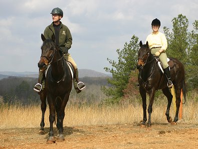 Riding OTTBs at a Hunter Pace in Georiga. Barry on Brewster and Stephanie on K O River Crossing at the March 1st Hunter Pace. 