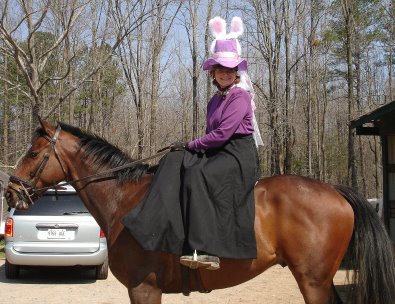 Chouette Player learned to be ridden sidesaddle  for the Easter egg hunt.