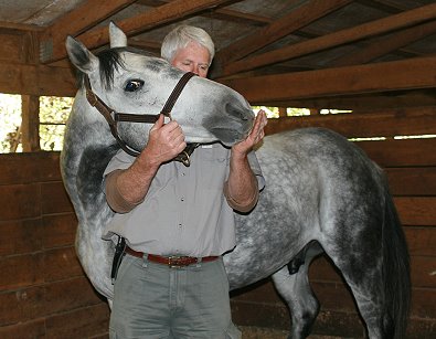 "Blue" learns to do his carrot stretches with Dr. Lance Cleveland, to keep his poll and neck supple.